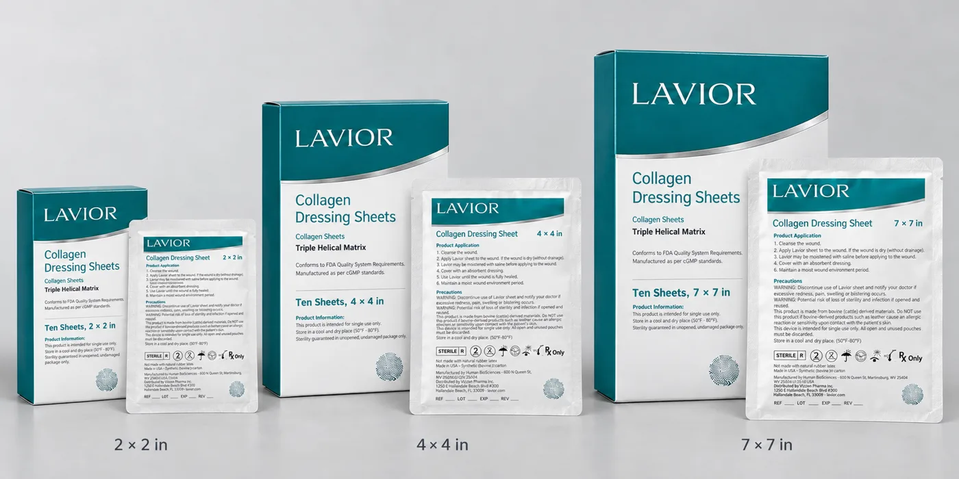 Lavior™ Collagen Dressing Sheets in 2 × 2, 4 × 4 and 7 × 7 inch sizes